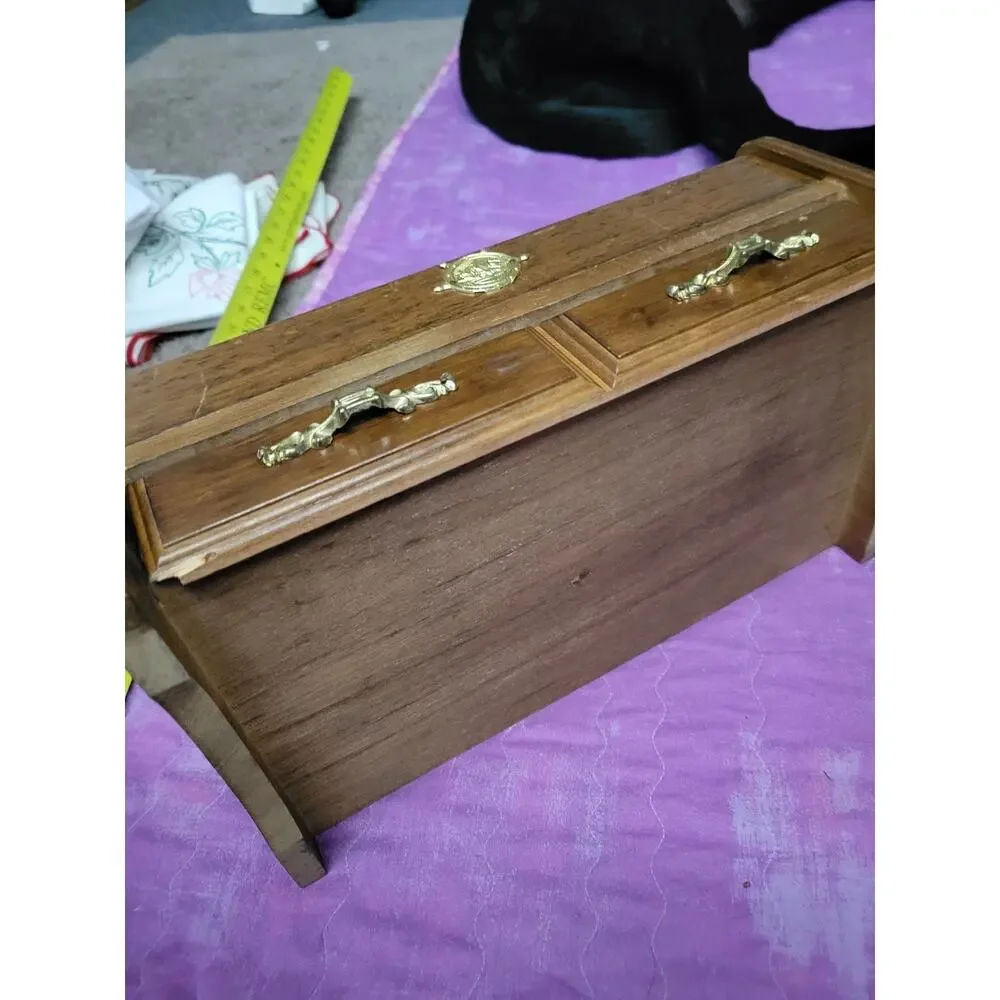 VTG Wood Jewelry Box Chest Brass Velvet Interior Valet Men MCM Anchors